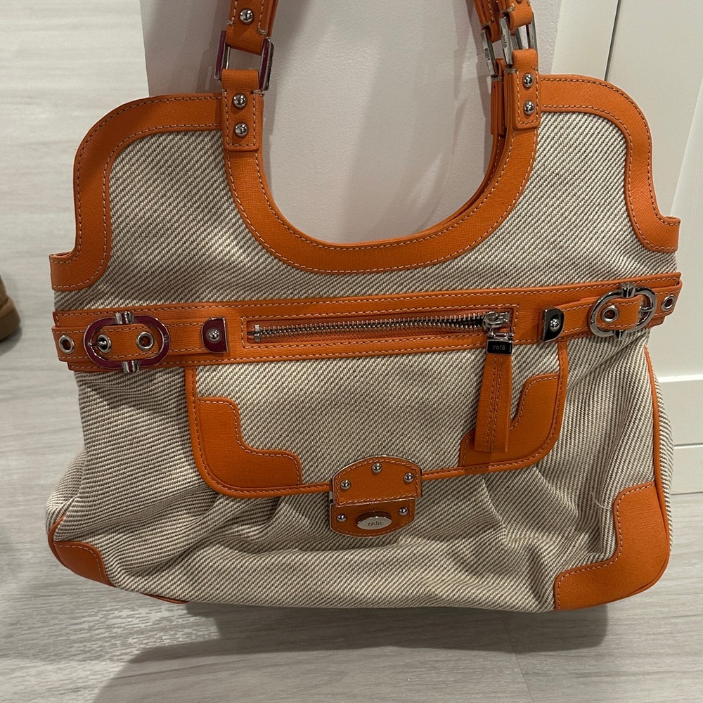 Stylish Rafe Orange leather and woven Cream Women's Bag.